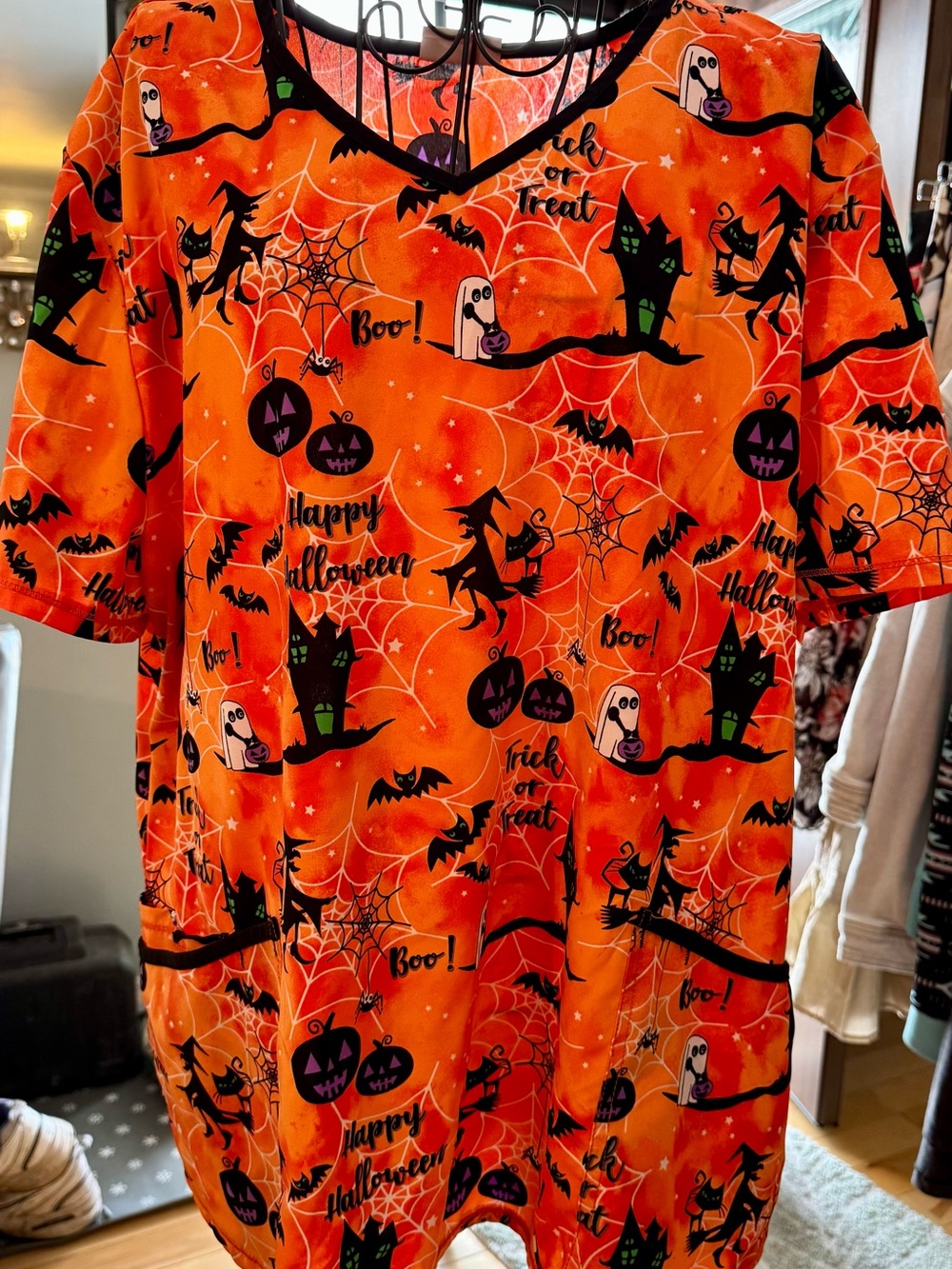 Scrubstar Orange Halloween Tunic with Black & Green Accents